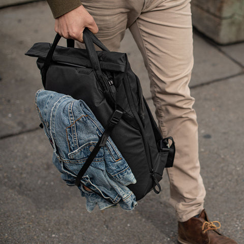 Jacket supported by the totepack external carry strap