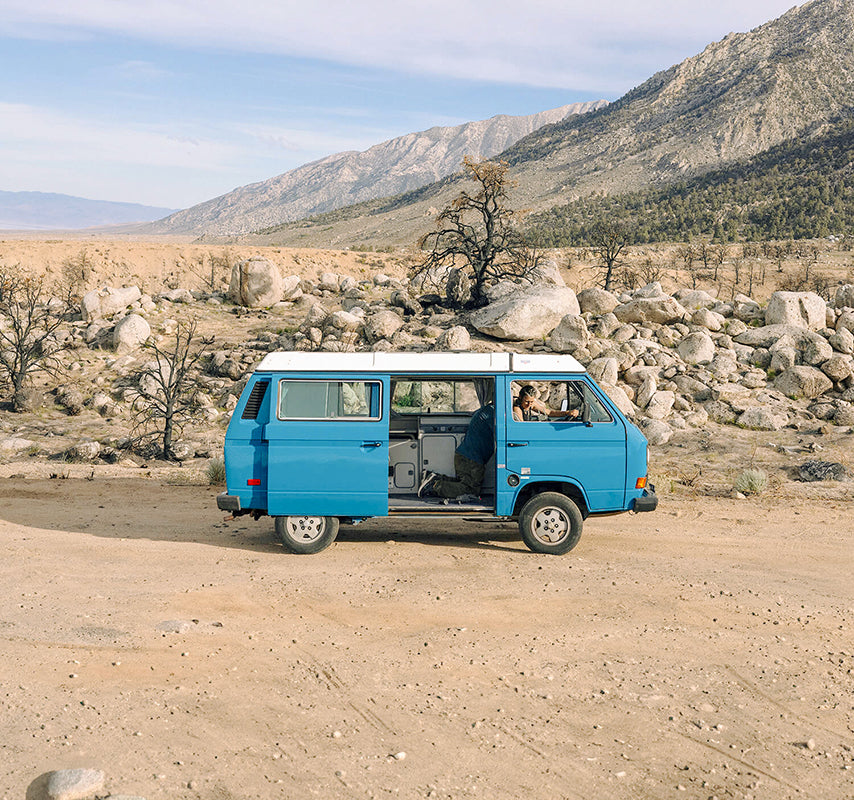 Blue bus in the desert